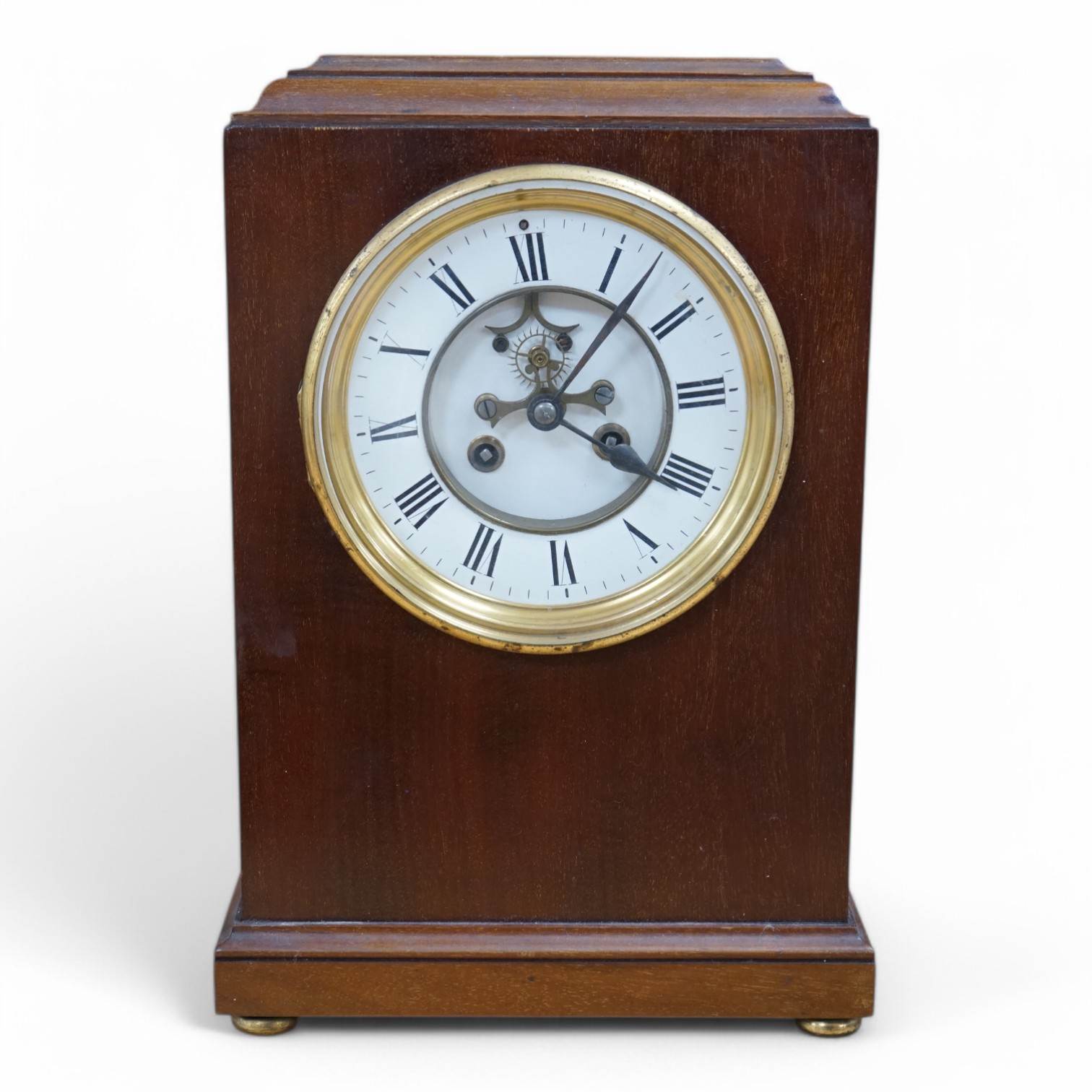 A mahogany mantel clock, with enamel dial visible Brocot escapement, 33cm high. Condition - fair, untested